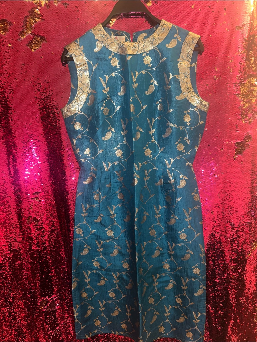 Vintage Royal Lynne Teal Sleeveless Cocktail Dress with Gold Accents